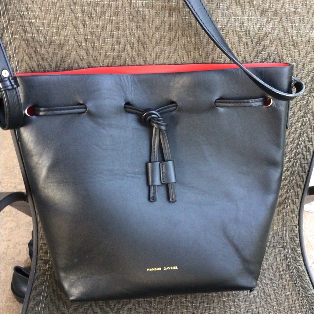Black Faux Leather Bucket Bag with Red Interior